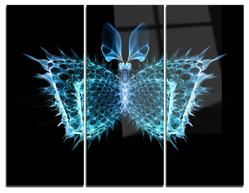 "Blue Fractal Butterfly in Dark" Metal Wall Art, 3 Panels, 36"x28"