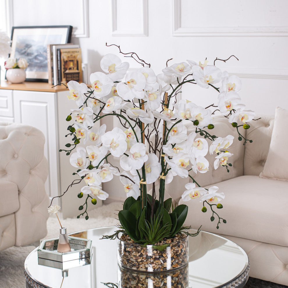 Artificial Phalaenopsis Orchids Floral Arrangement, Glass Vase