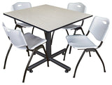 Kobe 48" Square Breakroom Table, Maple and 4 'M' Stack Chairs, Gray