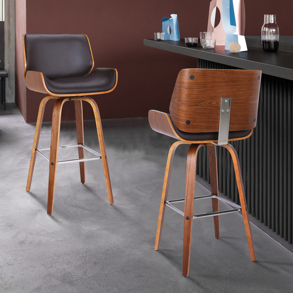 Carter 26" Mid-Century Swivel Counter Stool, Brown Faux Leather With Walnut