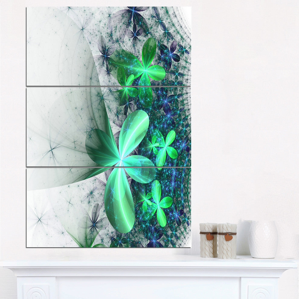 "Sparkling Green and Blue Fractal Flower" Metal Wall Art, 3 Panels, 28"x36"