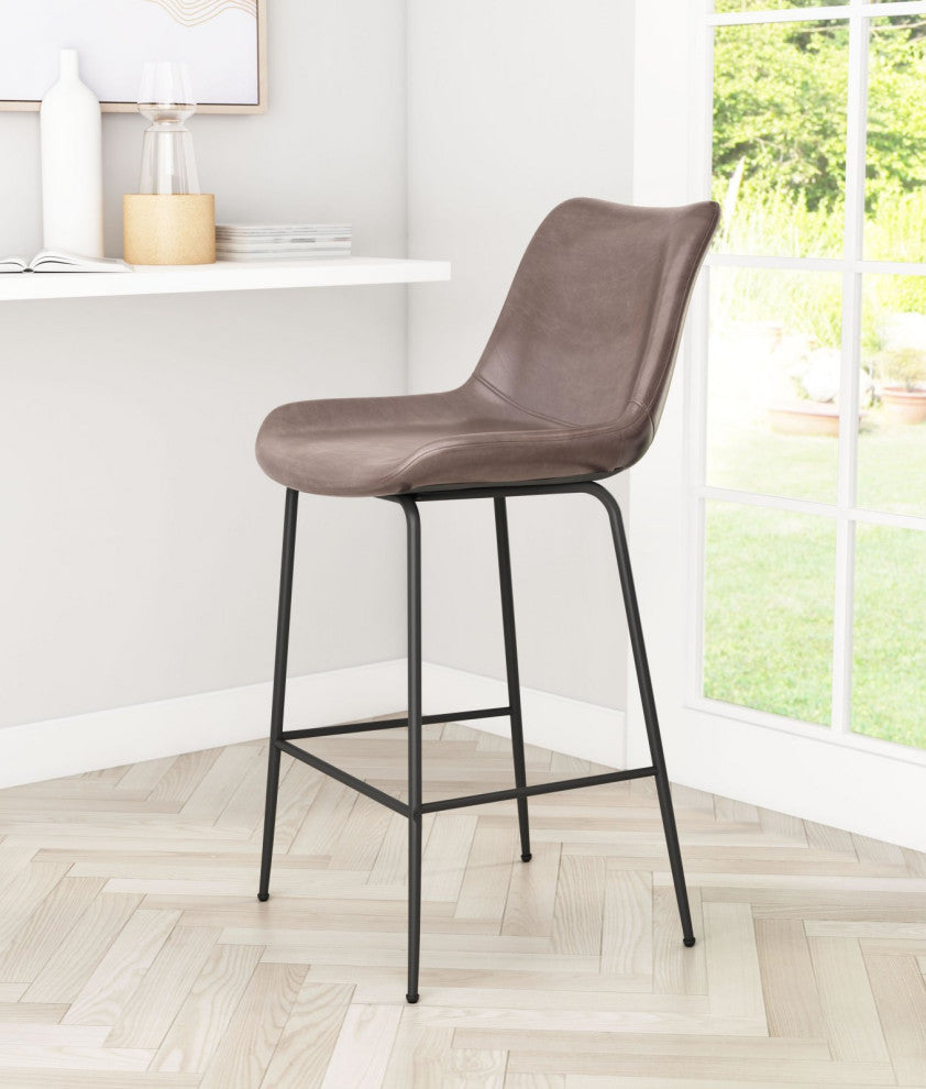 Counter Stool Chair, Faux Vinyl Leather, Steel, Brown, Black, Mid Century Cafe