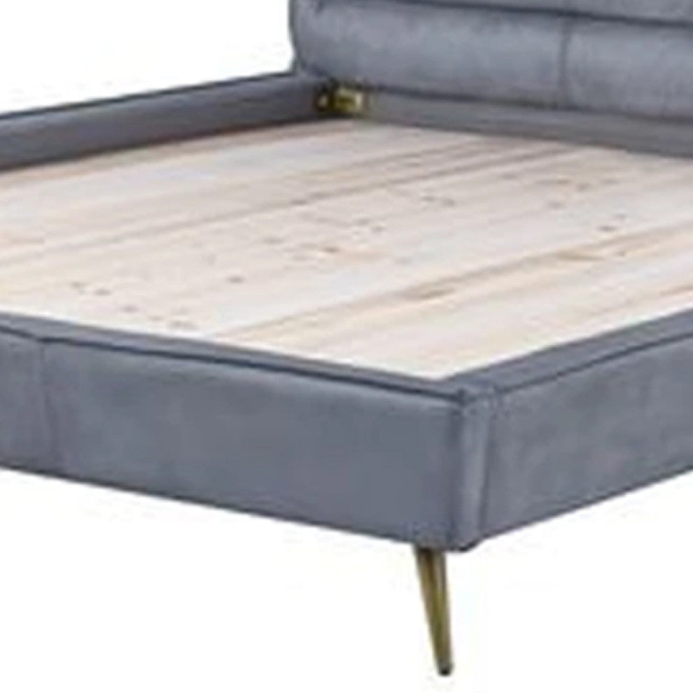 Benzara BM269602 Queen Bed With Leather Upholstery and Tapered Metal Legs, Gray