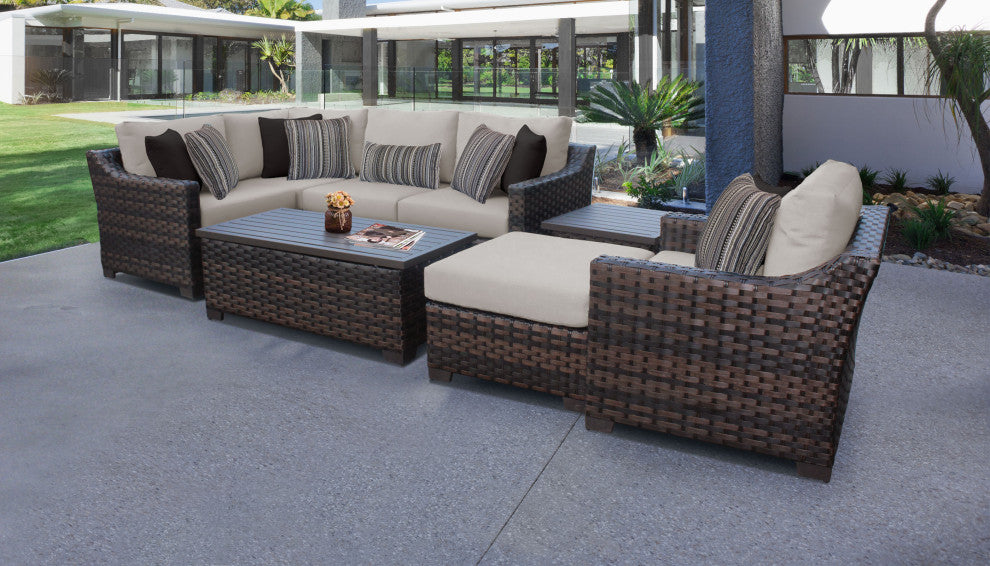 kathy ireland River Brook 8 Piece Wicker Patio Furniture Set, Almond