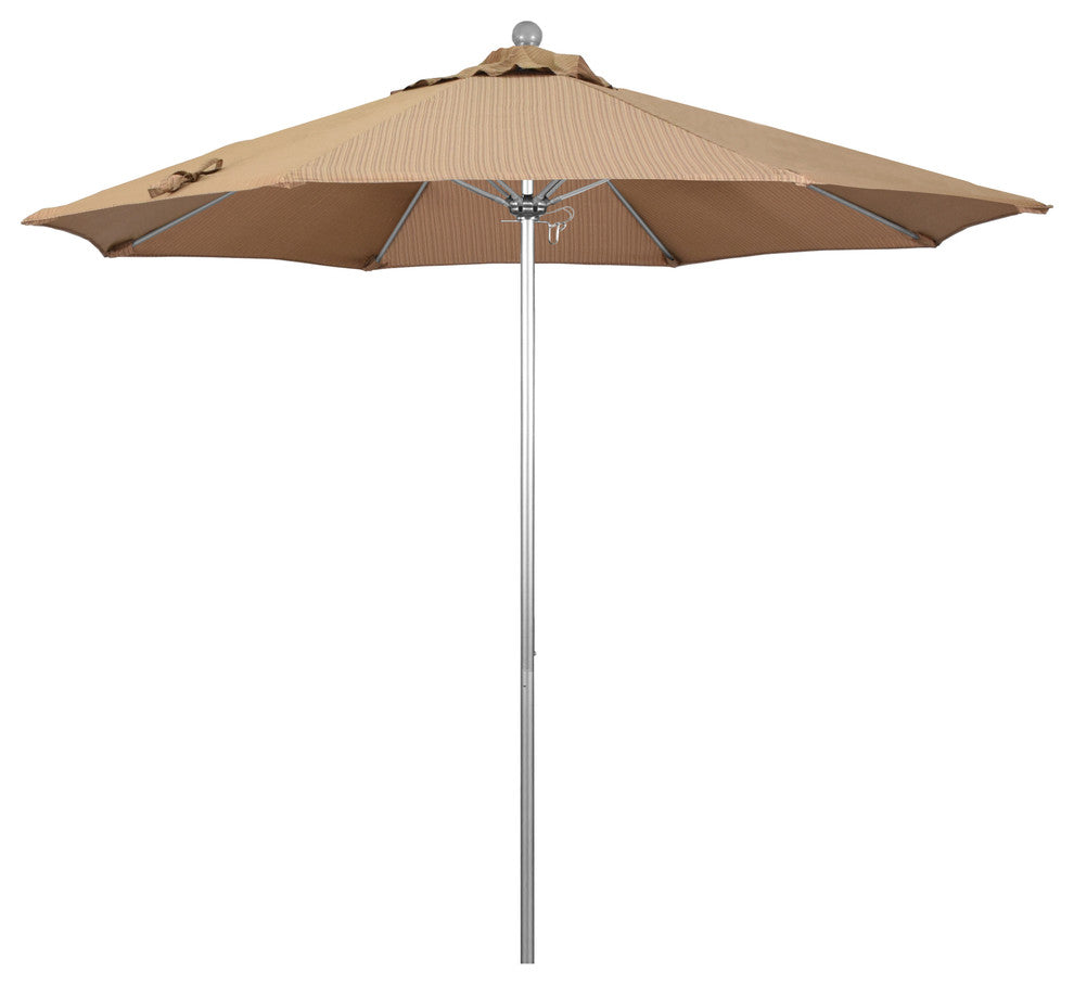 9' Silver Anodized Push Lift Fiberglass Rib Aluminum Umbrella, Olefin, Terrace S