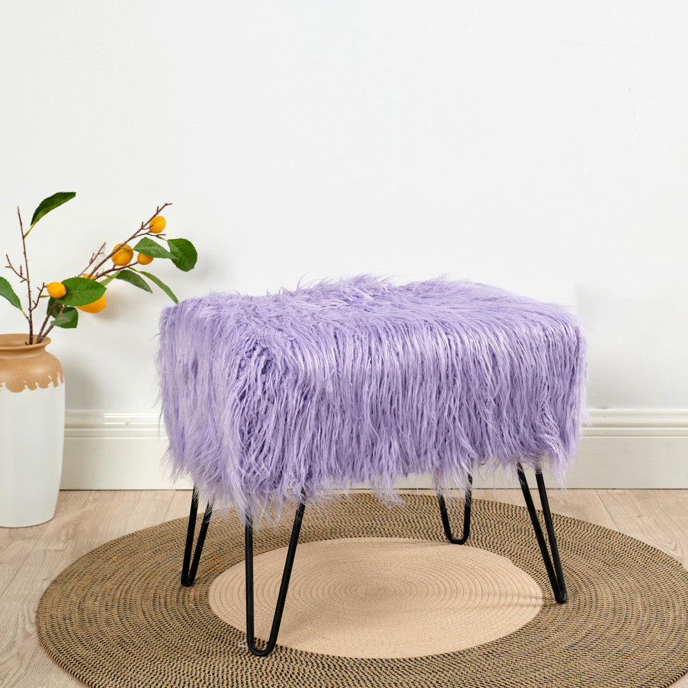 Mongolian Fur Ottoman, Lavender, 19''x13''x17''