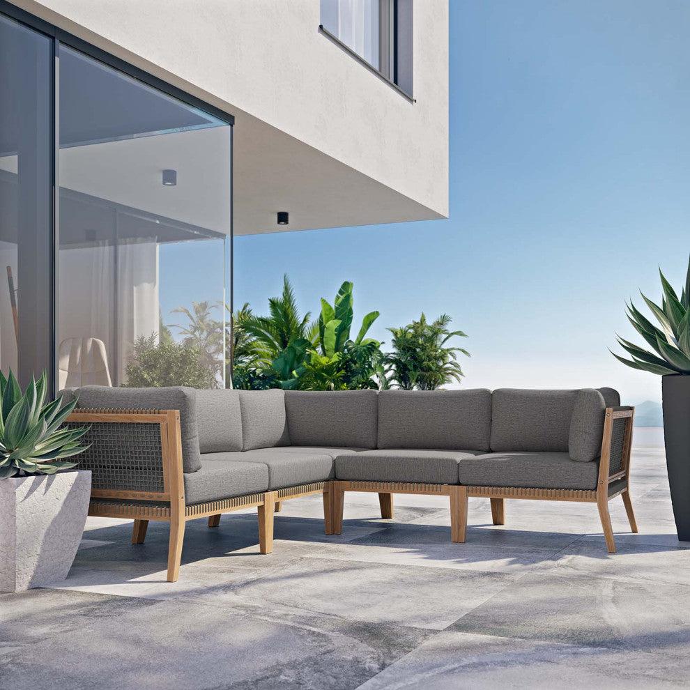 Clearwater Outdoor Patio Teak Wood 5-Piece Sectional Sofa, Gray Graphite