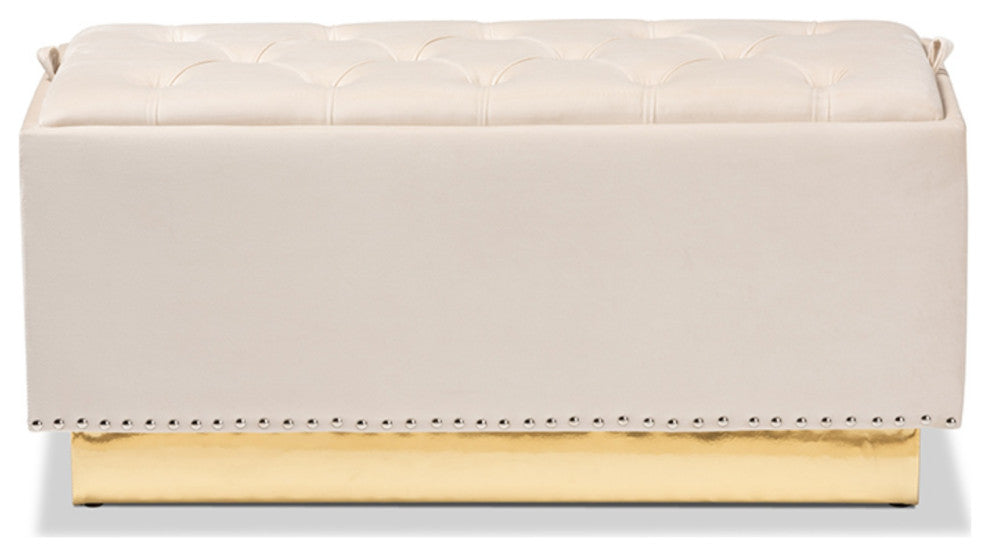 Glam Luxe Beige Velvet Fabric Upholstered and Gold PU Leather Storage Ottoman