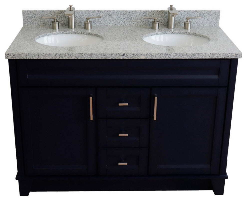 48" Double Sink Vanity, Blue Finish With Gray Granite And Oval Sink