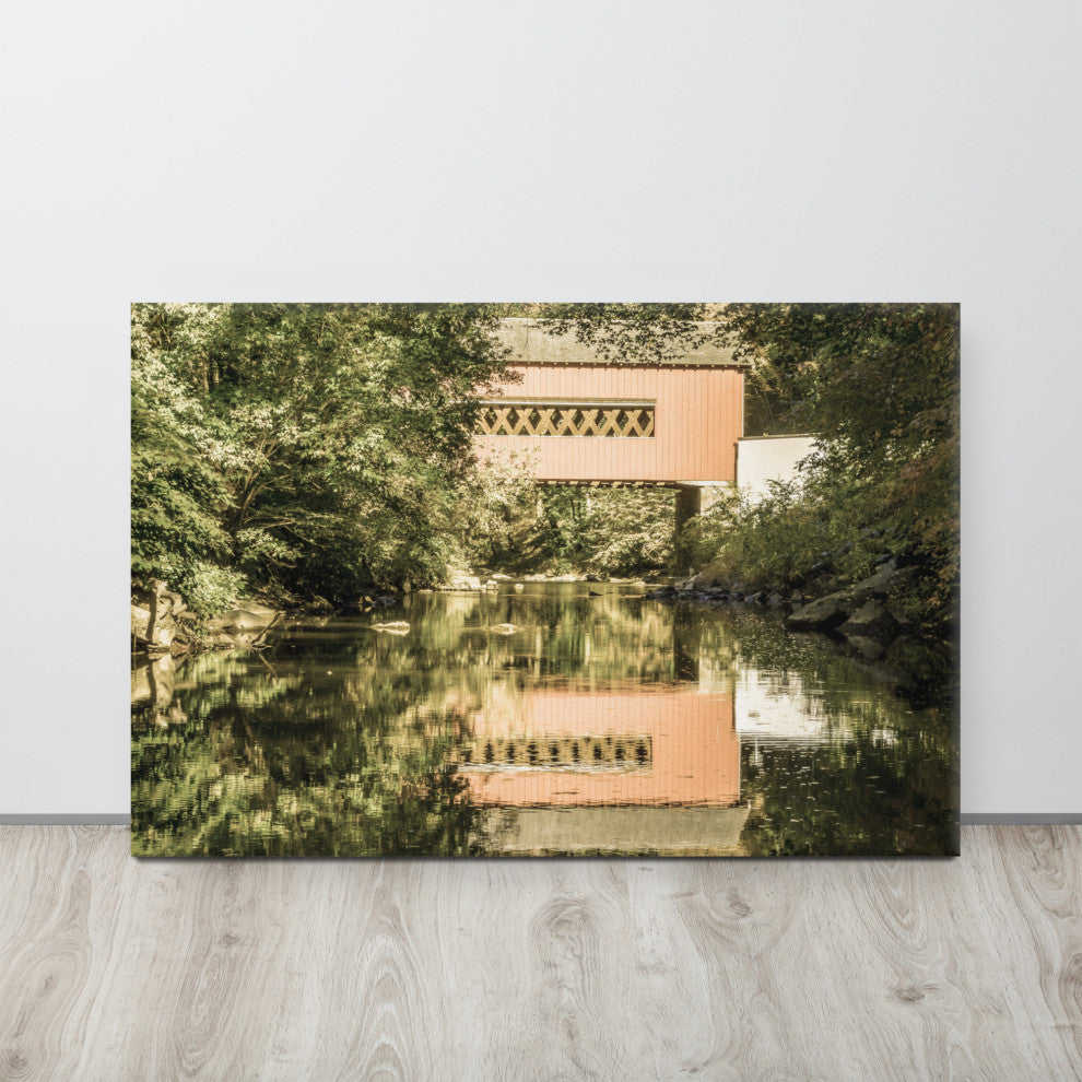 The Reflection of Wooddale Covered Bridge Aged Canvas Wall Art Print, 24" X 36"