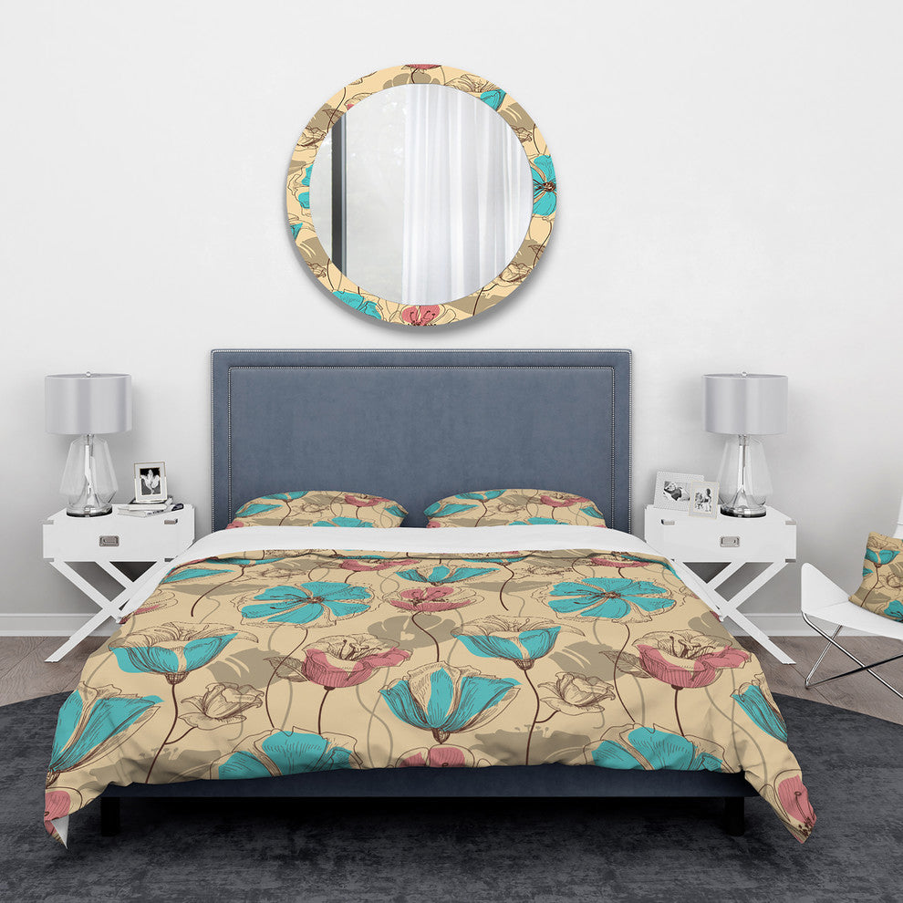 Retro Drawing Flowers in Pink and Blue Floral Duvet Cover, Twin