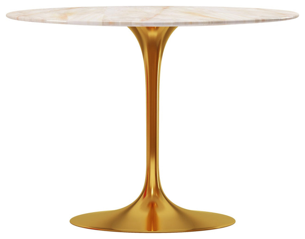 Rose 40" Round Onyx Marble Dining Table, Gold Base