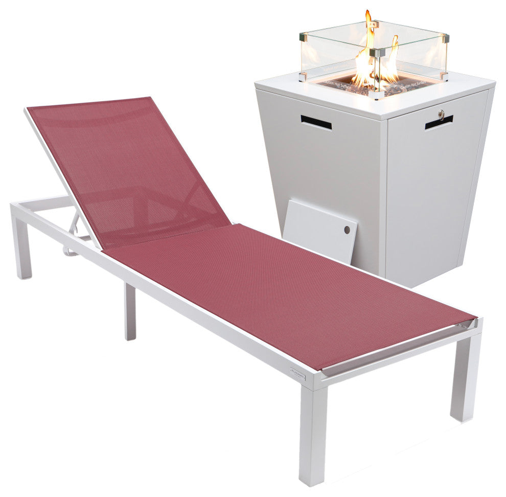 LeisureMod Marlin White Patio Chaise Lounge Chair with Fire Pit Table, Burgundy