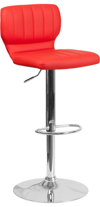 Contemporary Red Vinyl Adjustable Barstool With Chrome Base