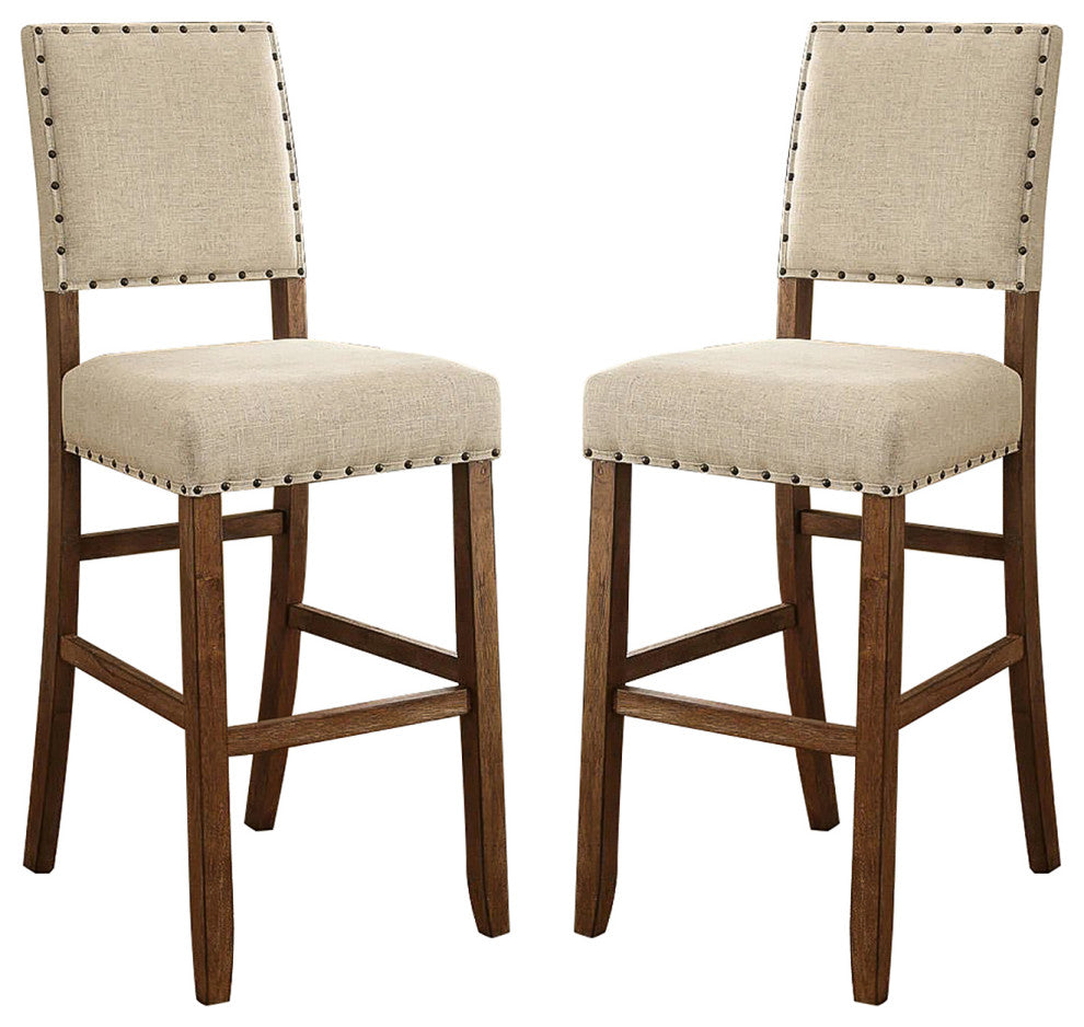 Set of 2 Fabric Upholstered Bar Chair, Beige and Rustic Oak