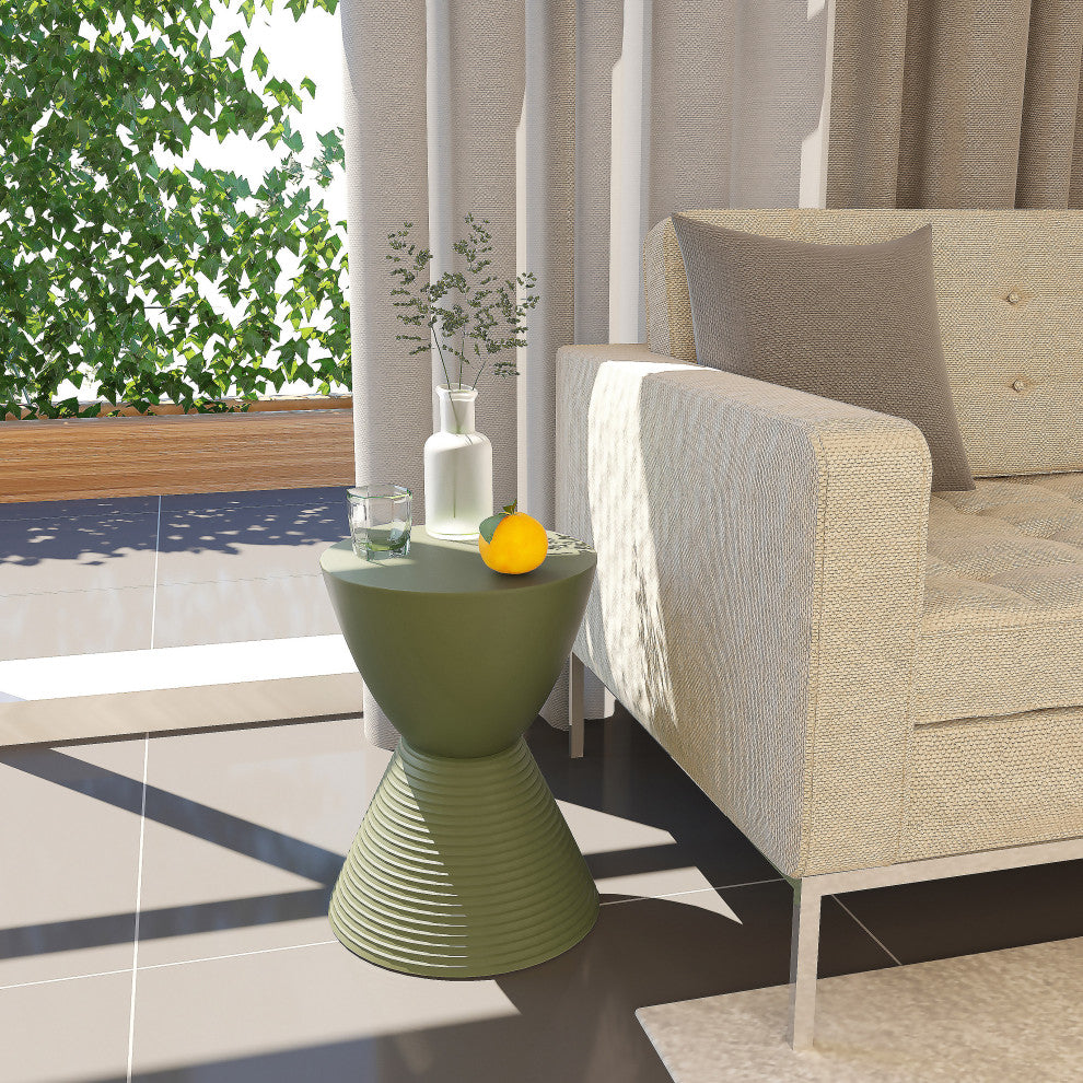 Round Side Table in ABS Plastic Ribbed Design End Table with Removable Lid, Olive Green