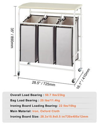 VEVOR 3-Section Laundry Sorter Cart Rolling With Ironing Board & Removable Bags