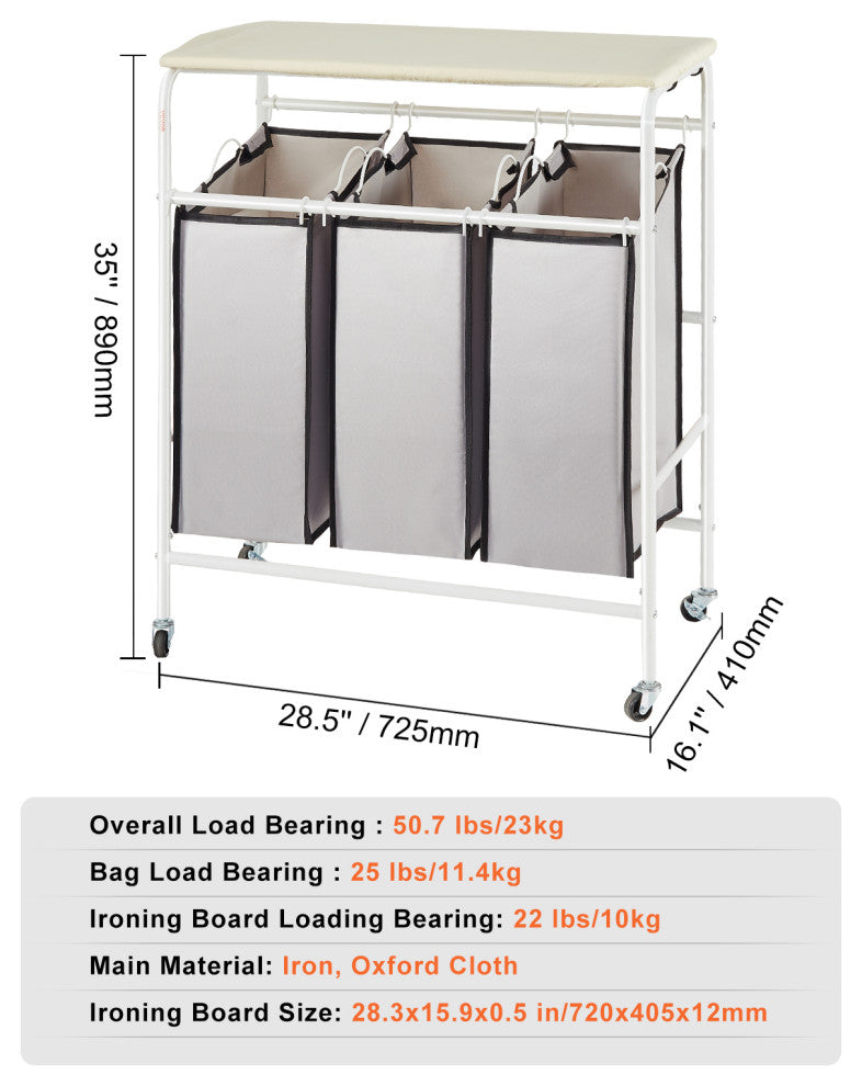 VEVOR 3-Section Laundry Sorter Cart Rolling With Ironing Board & Removable Bags