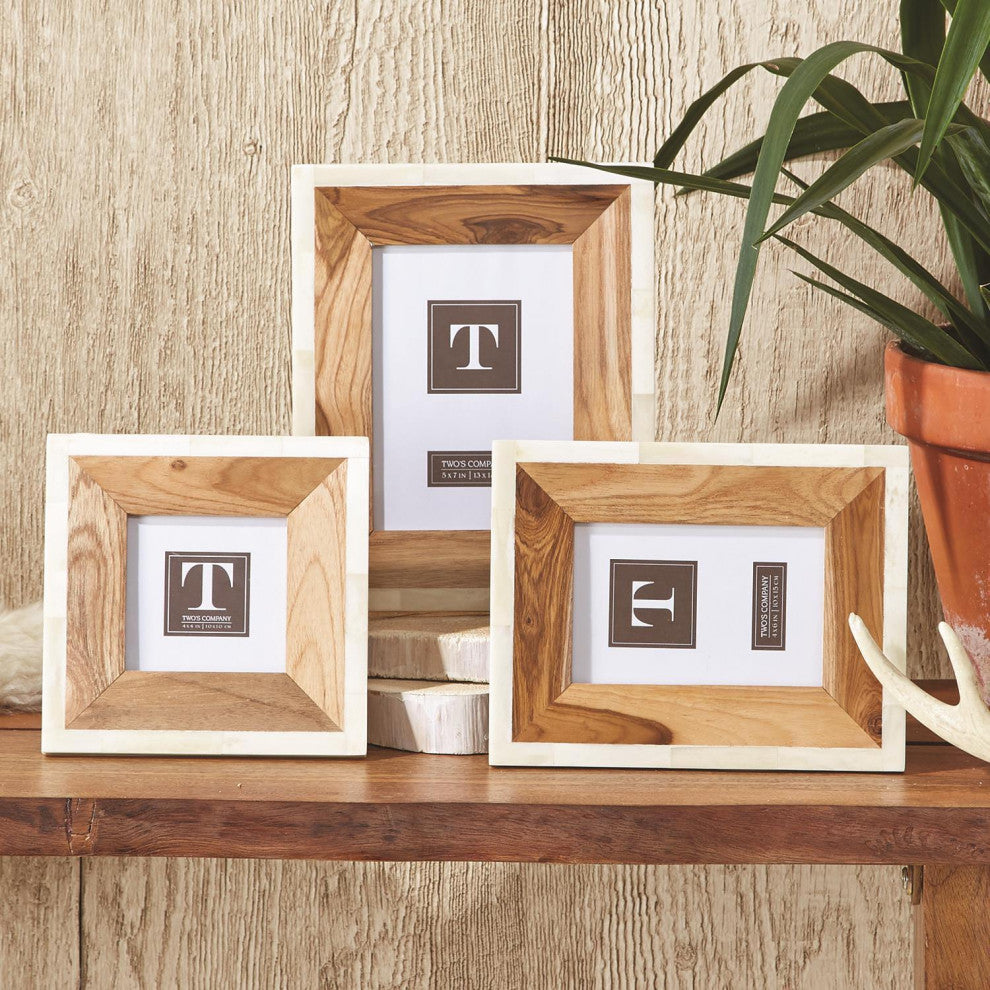 Two's Company Framework Wood and Bone Photo Frame Set, Set of 3