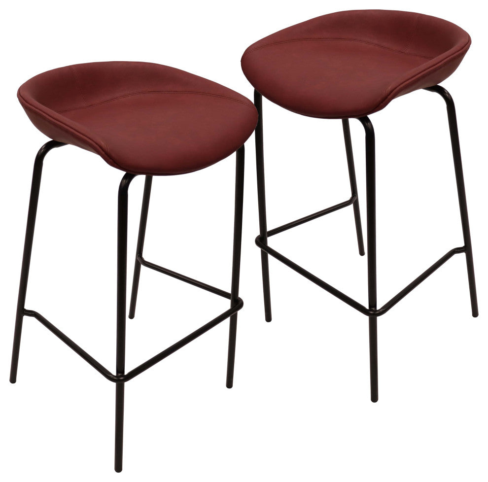 LeisureMod Servos Barstool With Faux Leather Seat and Iron Frame Set of 2, Bordeaux