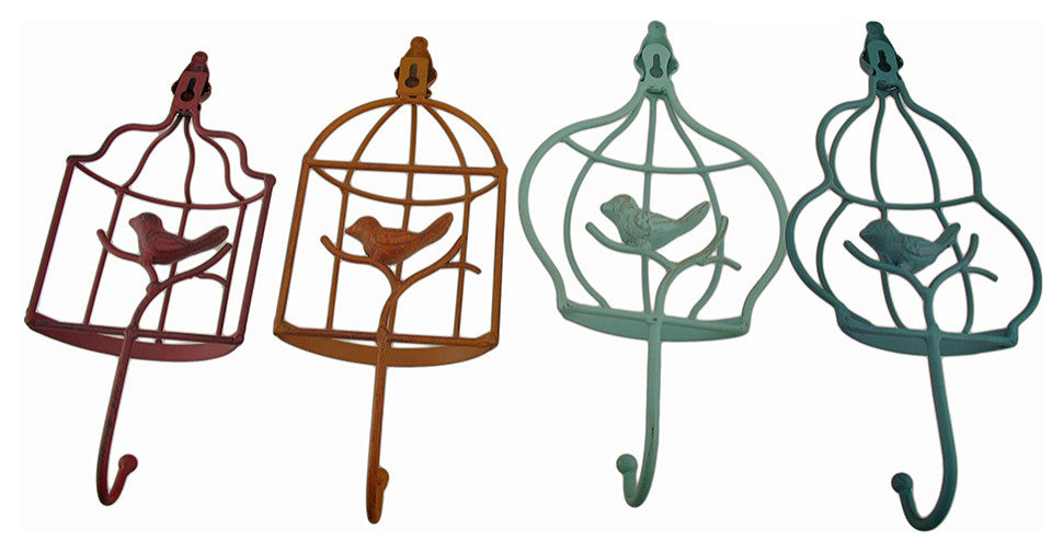 Colorful Set of 4 Birdcage Shaped Decorative Metal Wall Hooks