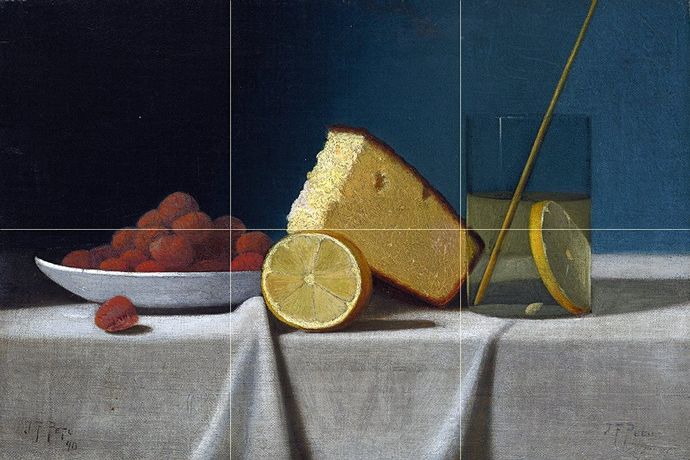 Tile Mural Still Life Cake Lemon Strawberries Glass Fruit Marble