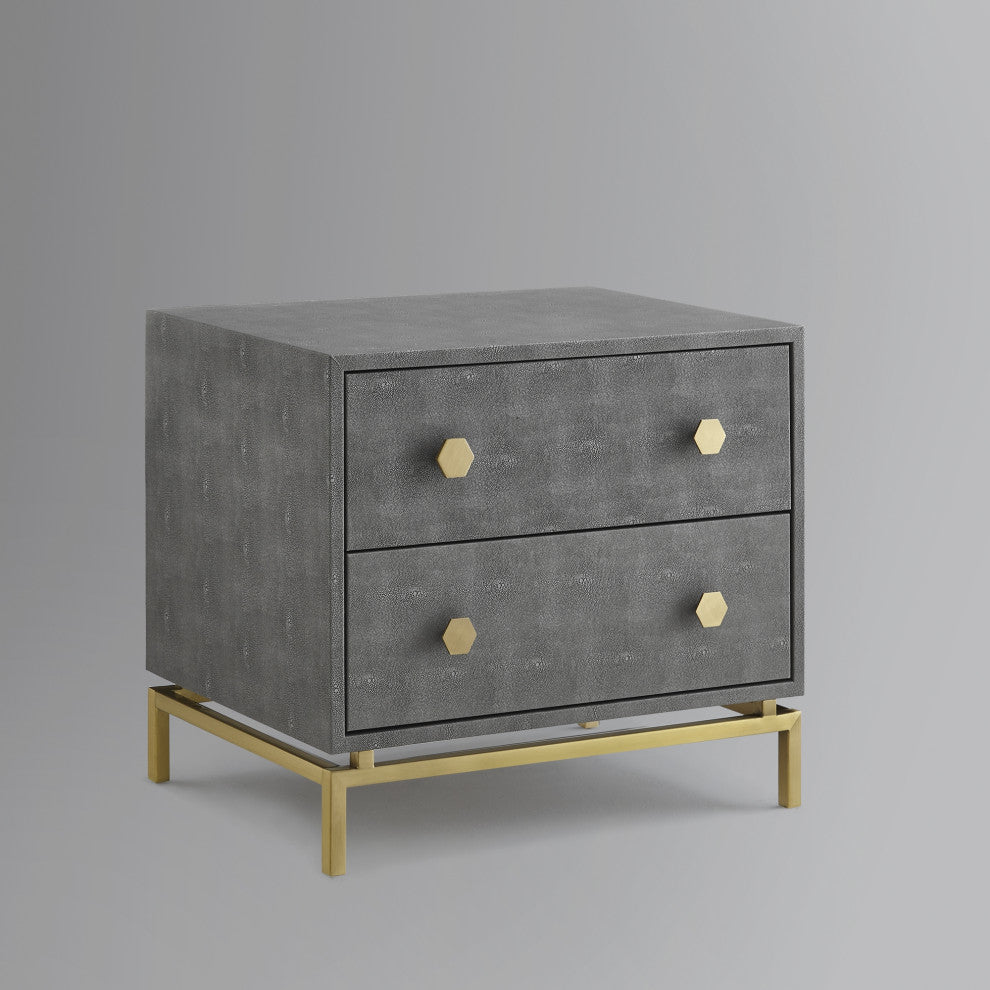 Nicole Miller Aharon Side Table, 2 Drawers, Faux Shagreen, Gray/Gold