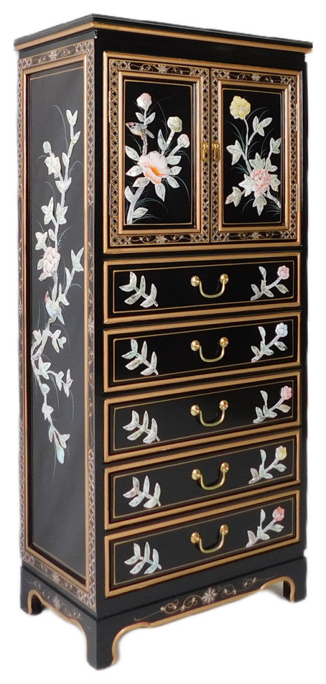 Black Lacquer Lingerie Cabinet With Bird and Flower Mother of Pearl Design, 24"