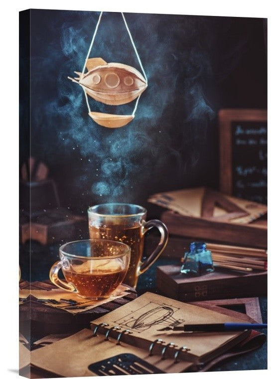 "Steampunk Tea (with A Blimp)" Stretched Canvas Giclee by Dina Belenko, 12x18"