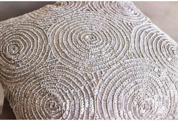 Ivory Art Silk 18"x18" Spiral Sequins Throw Pillows Cover, Ivory Swirls