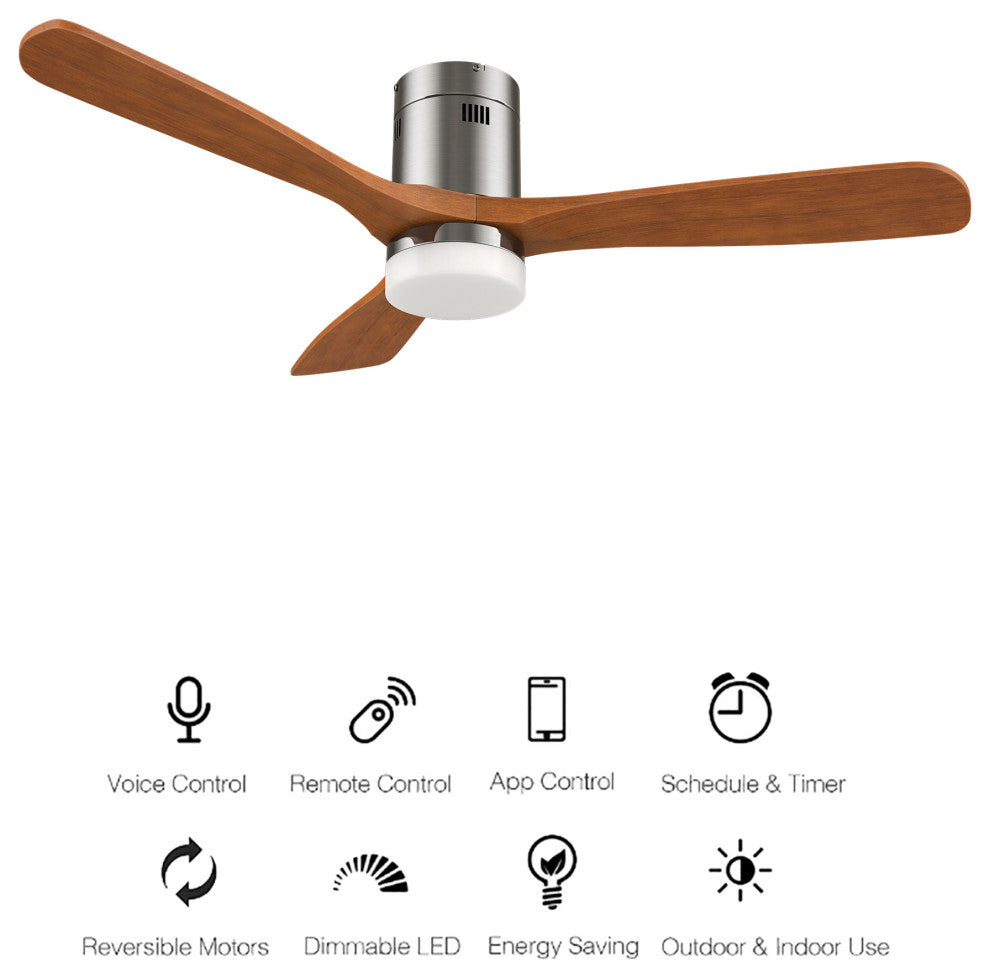 52" 3 Blades Solid Wood Ceiling Fan With Dimmable LED Light Kit and Remote