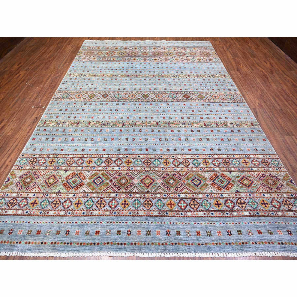 Blue Gray Super Kazak Khorjin Design Hand Knotted Wool Oriental Rug 8'2"x11'10"