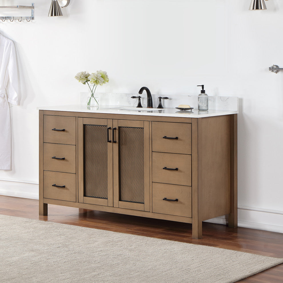 Hadiya Brown Pine Bathroom Vanity Set, 60s", Without Mirror