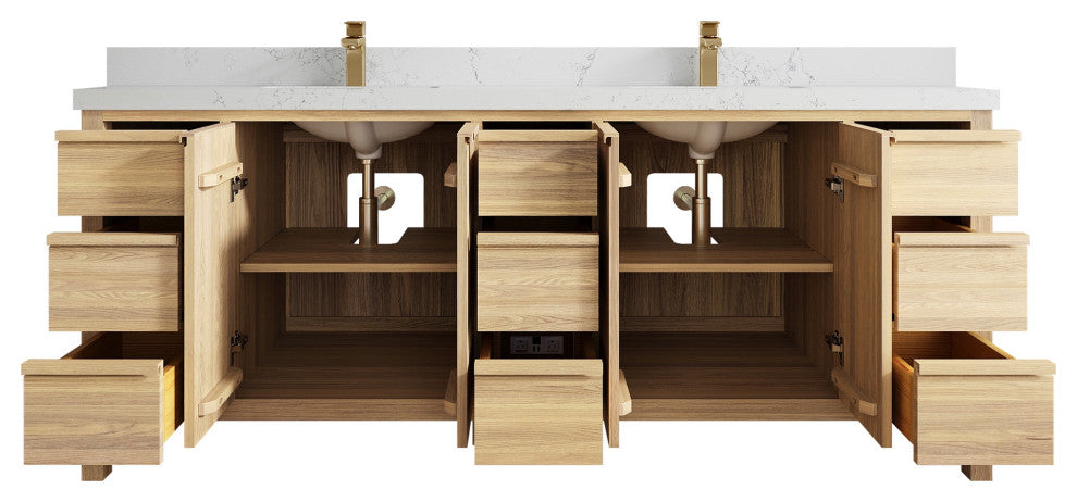 Elizabeth Oak 84" Double Sink Vanity, White 2" Empira Quartz