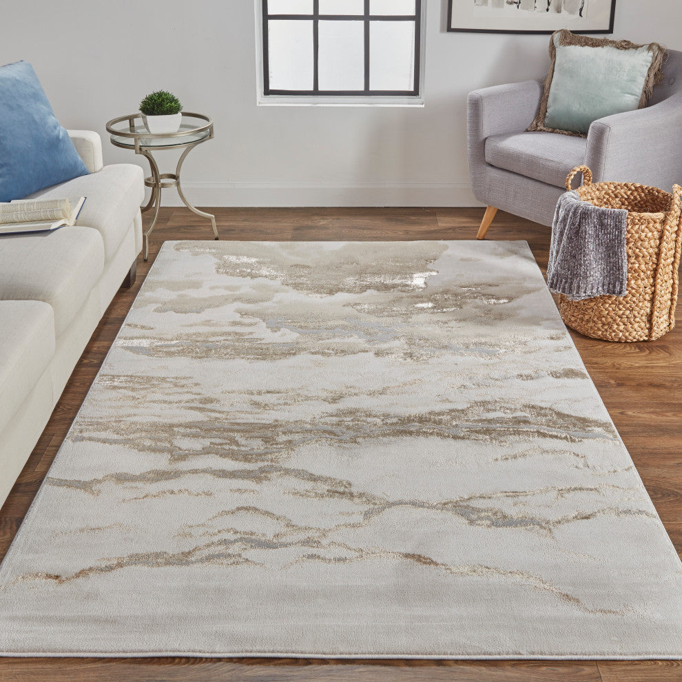 Weave & Wander Tripoli Modern Marble Rug, Beige/Gold, 10'x13'2"