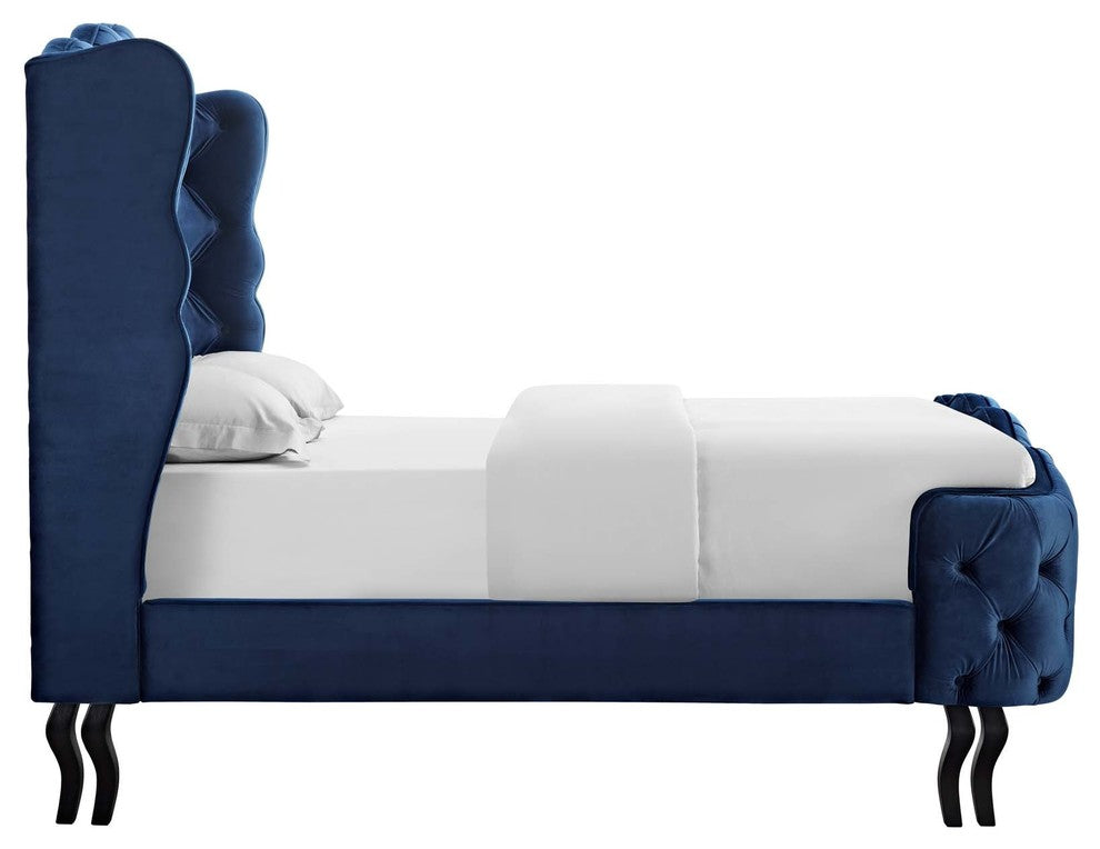 Violette Queen Tufted Wingback Performance Velvet Platform Bed, Navy