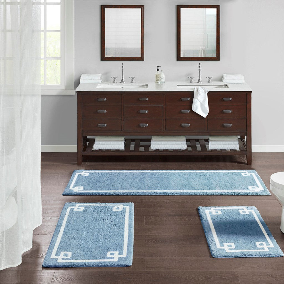 Madison Park Evan High Pile Bordered Bathroom Rug, Blue, Blue, Runner