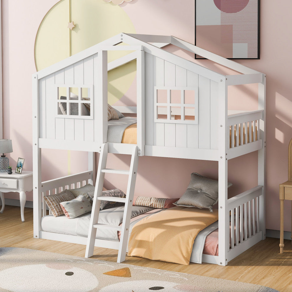 Gewnee Wood Twin Over Twin House Bunk Bed With Ladder in White