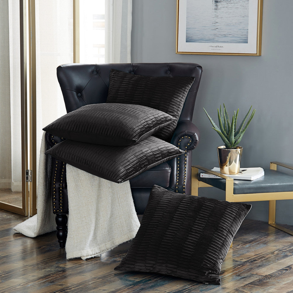 Pleated Velvet Pillow Cover 4 Piece Set, Gun Metal, 20" X 20"