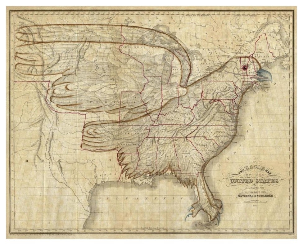 "Eagle Map of the United States, 1833" Paper Art, 32"x26"