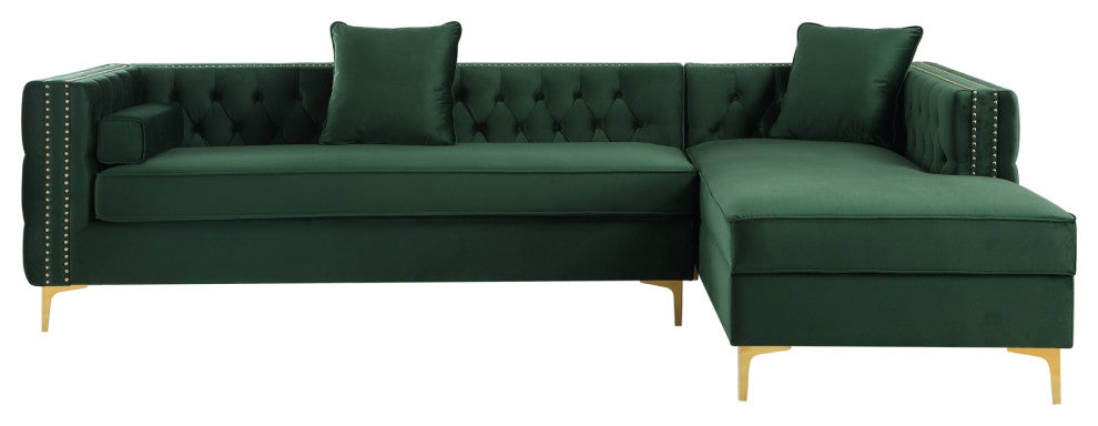 Jeannie Velvet Tufted With Nailhead Trim Sectional, Hunter Green, Right Facing