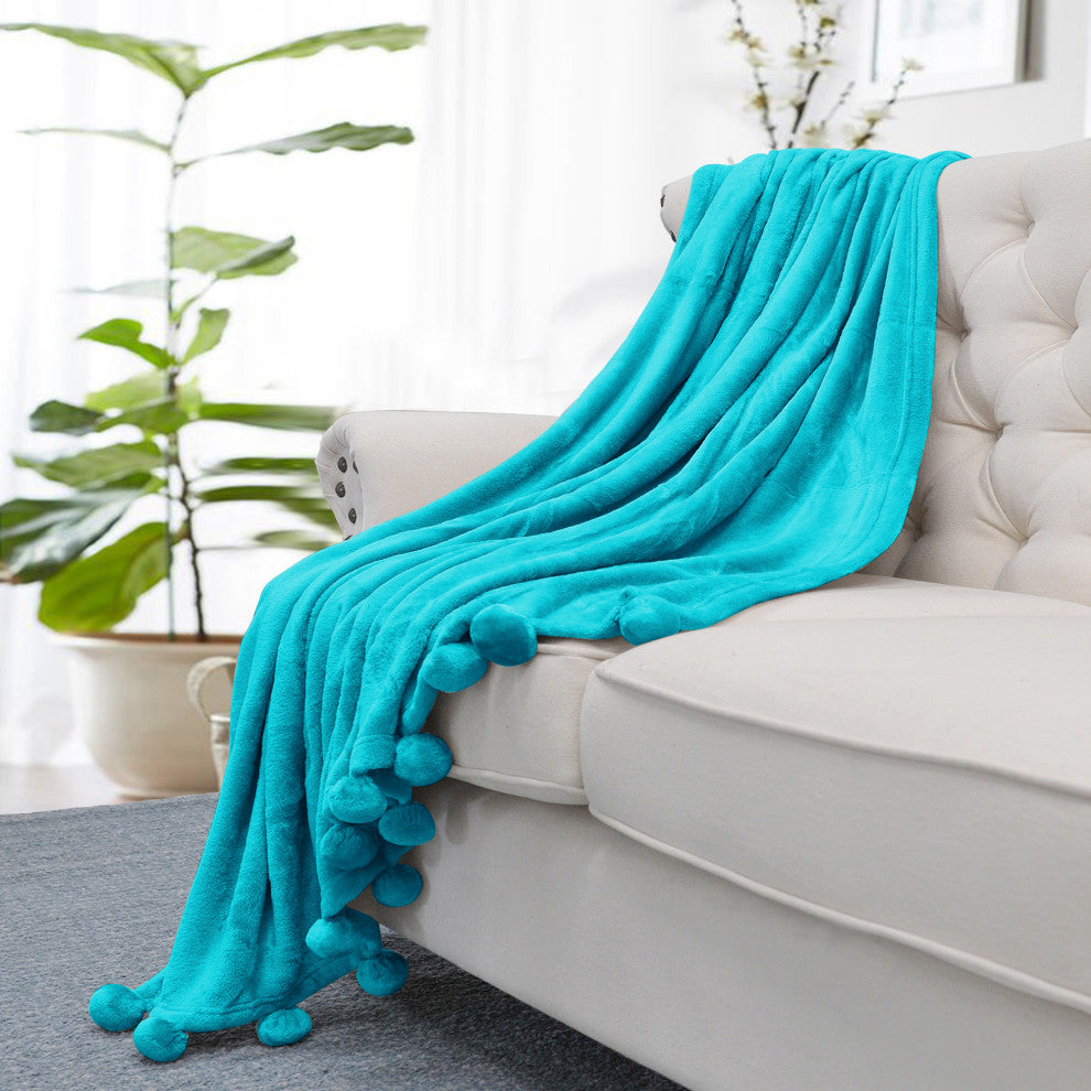 Pom Pom Flannel Fleece Throw Blanket, Baltic Blue, 50" X 60"