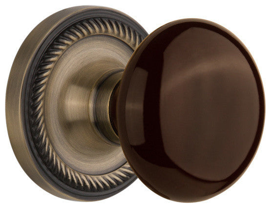 Rope Rosette Passage Brown Porcelain Knob, Antique Brass