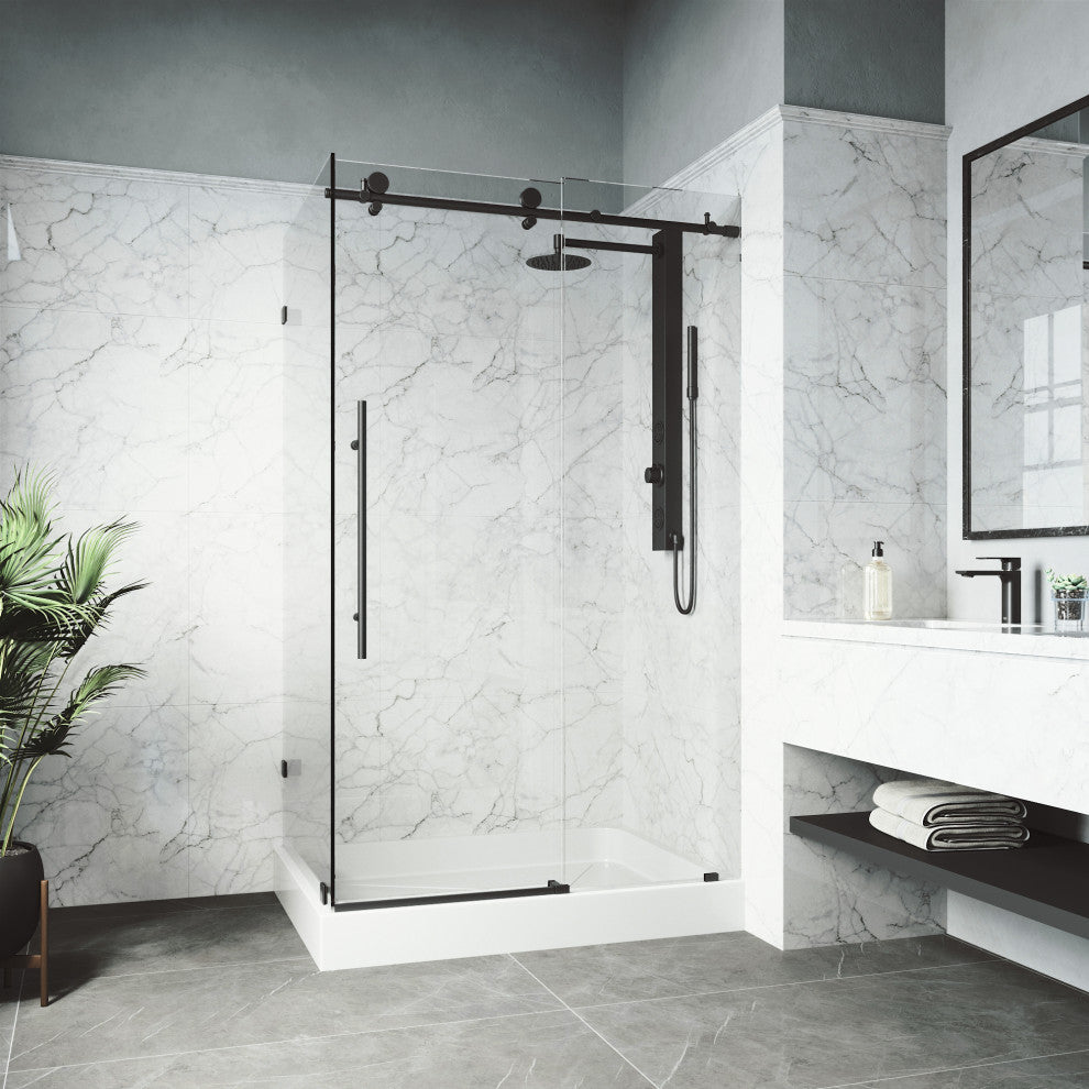 VIGO Elan E-Class Frameless Sliding Shower Enclosure, Matte Black, 36" D X 48" W X 82" H, Right Base