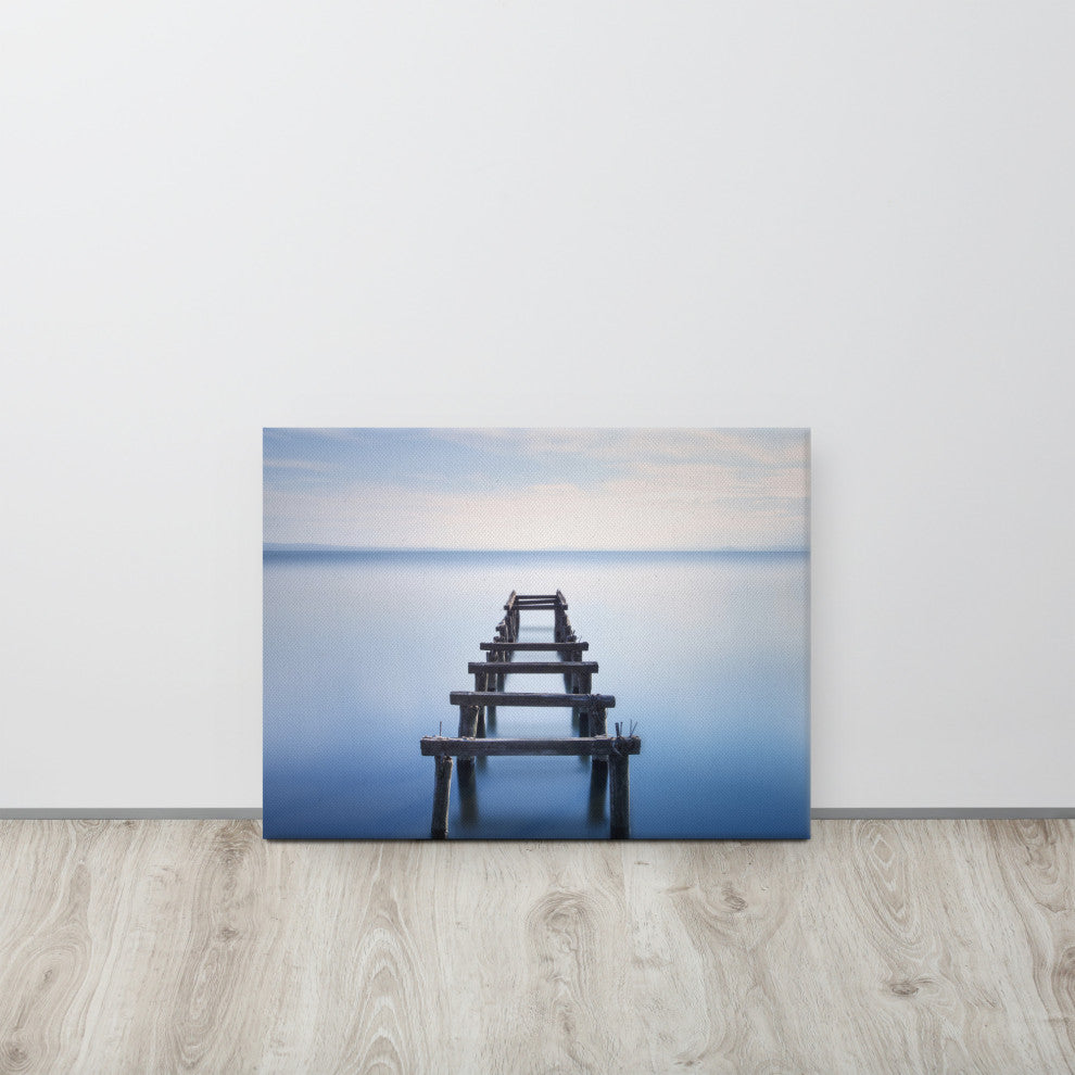 Soft Blue Lake and Abandoned Pier Coastal Landscape Photo Canvas Wall Art Print, 18" X 24"