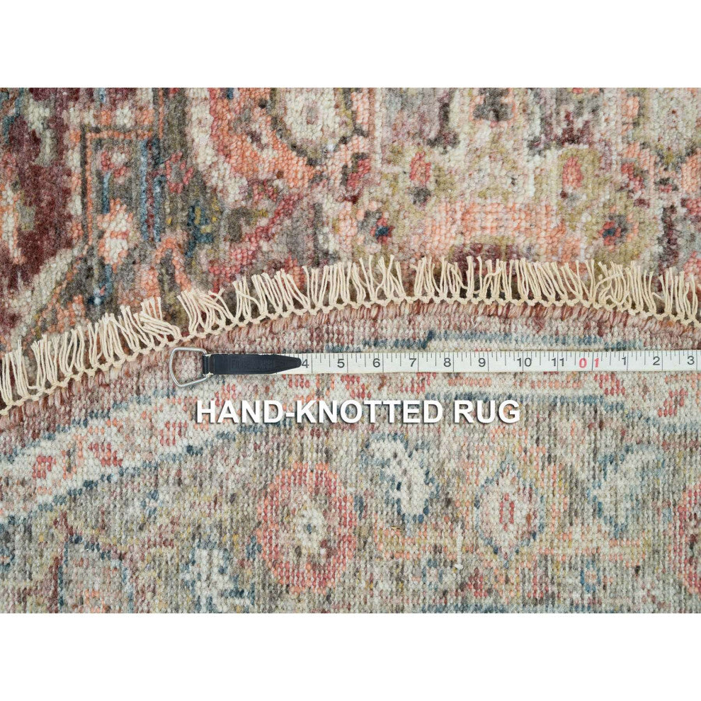 Sangria Red Hand Knotted Pure Wool Heris Revival Round Oriental Rug 5'11"x5'11"