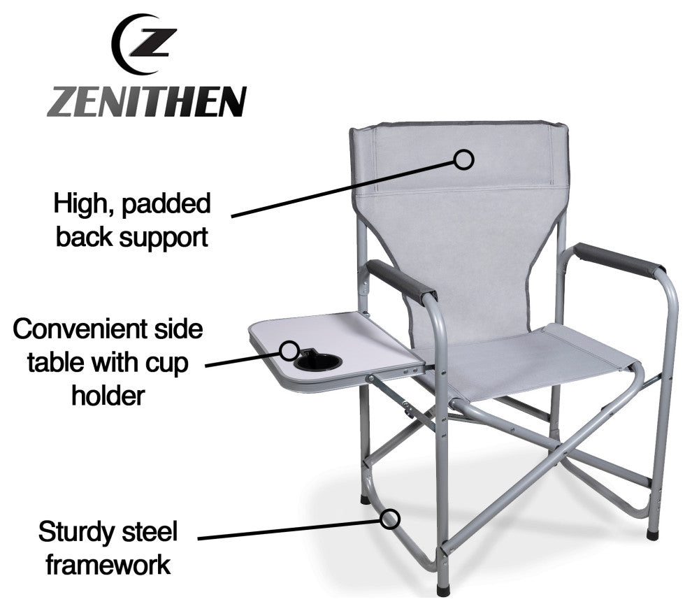 Zenithen Portable Outdoor Directors Folding Chair with Side Table, Gray