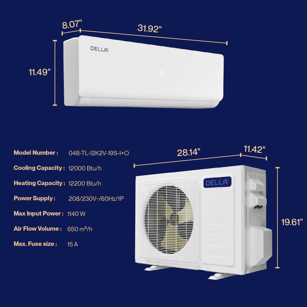 12,000 BTU Mini Split Air Conditioner Ductless Inverter System, 19 SEER, 8 HSPF