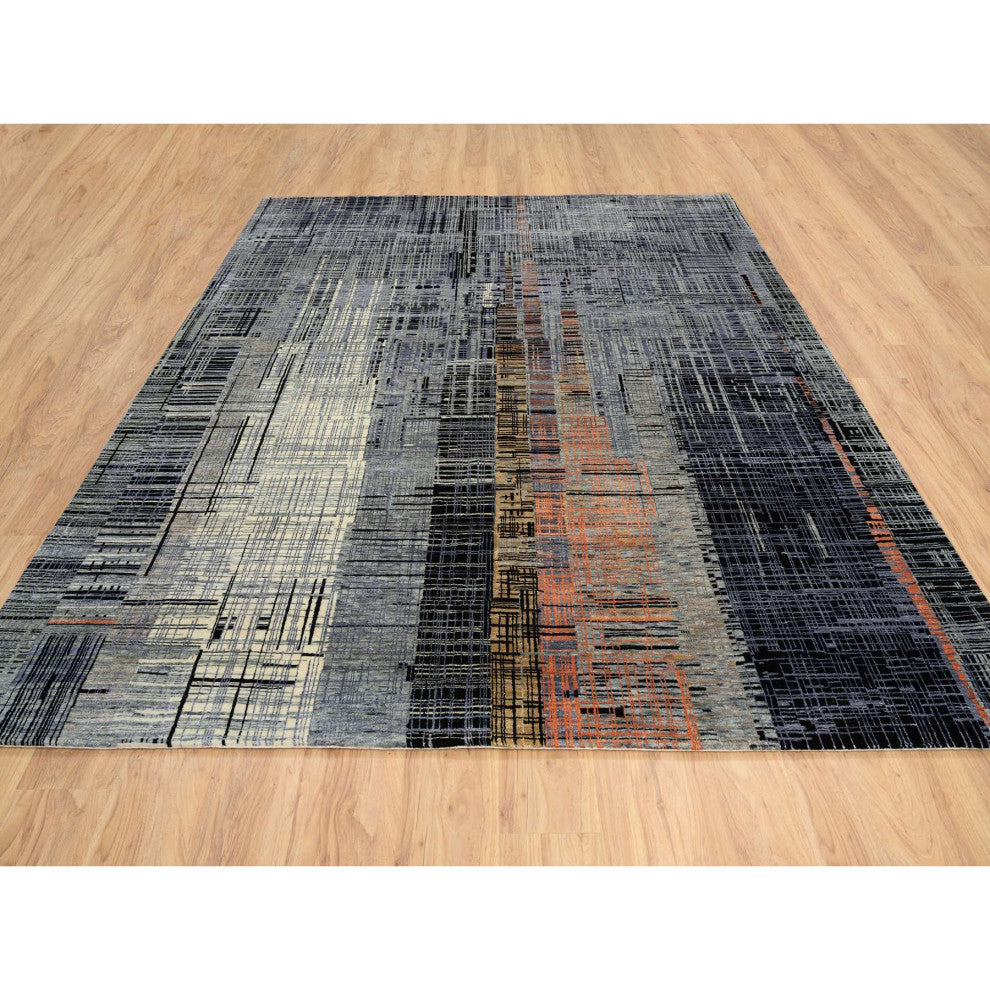 Black and Gray Ghazni Wool and Silk Modern Design Hand Knotted Rug, 8'0"x10'0"