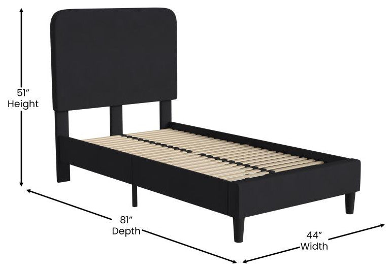 Addison Upholstered Platform Bed - Headboard with Rounded Edges, Charcoal, Twin